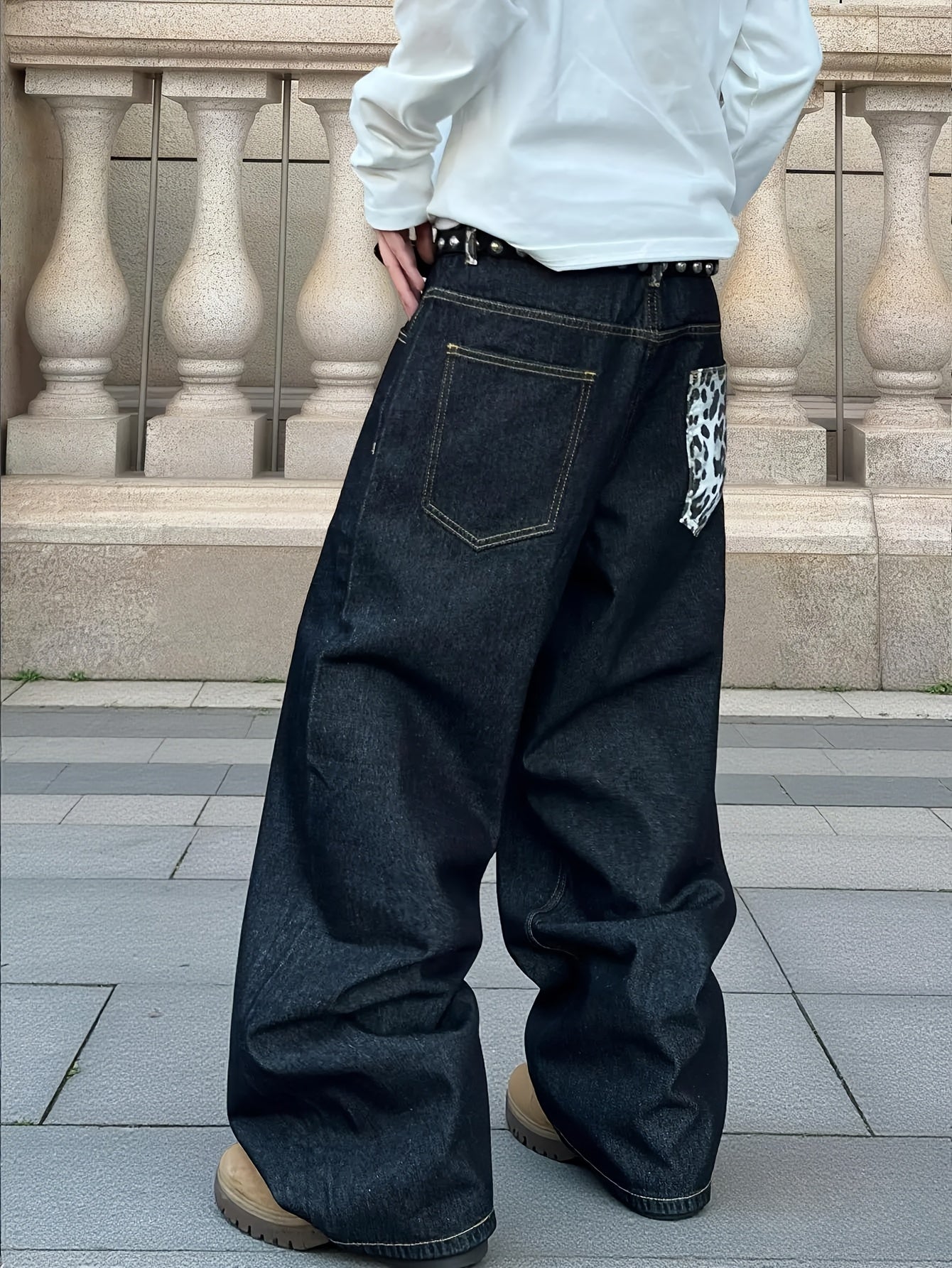 1pc Men' Vintage Wide- Black Pants with Leopard Print - Loose Fit Streetwear Style, Full-Length Pocket Jeans Suitable for - Wear (No Belt/Hanger Included)