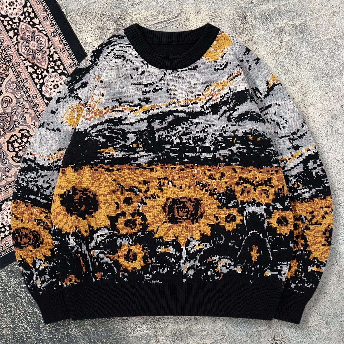 New Autumn And Winter Men'S Casual Loose-Fitting Sweater Featuring a Easy Van Gogh-Inspired Sunflower And Starry Sky Oil Painting Design with a Vintage Knit Long Sleeve And Round Neck