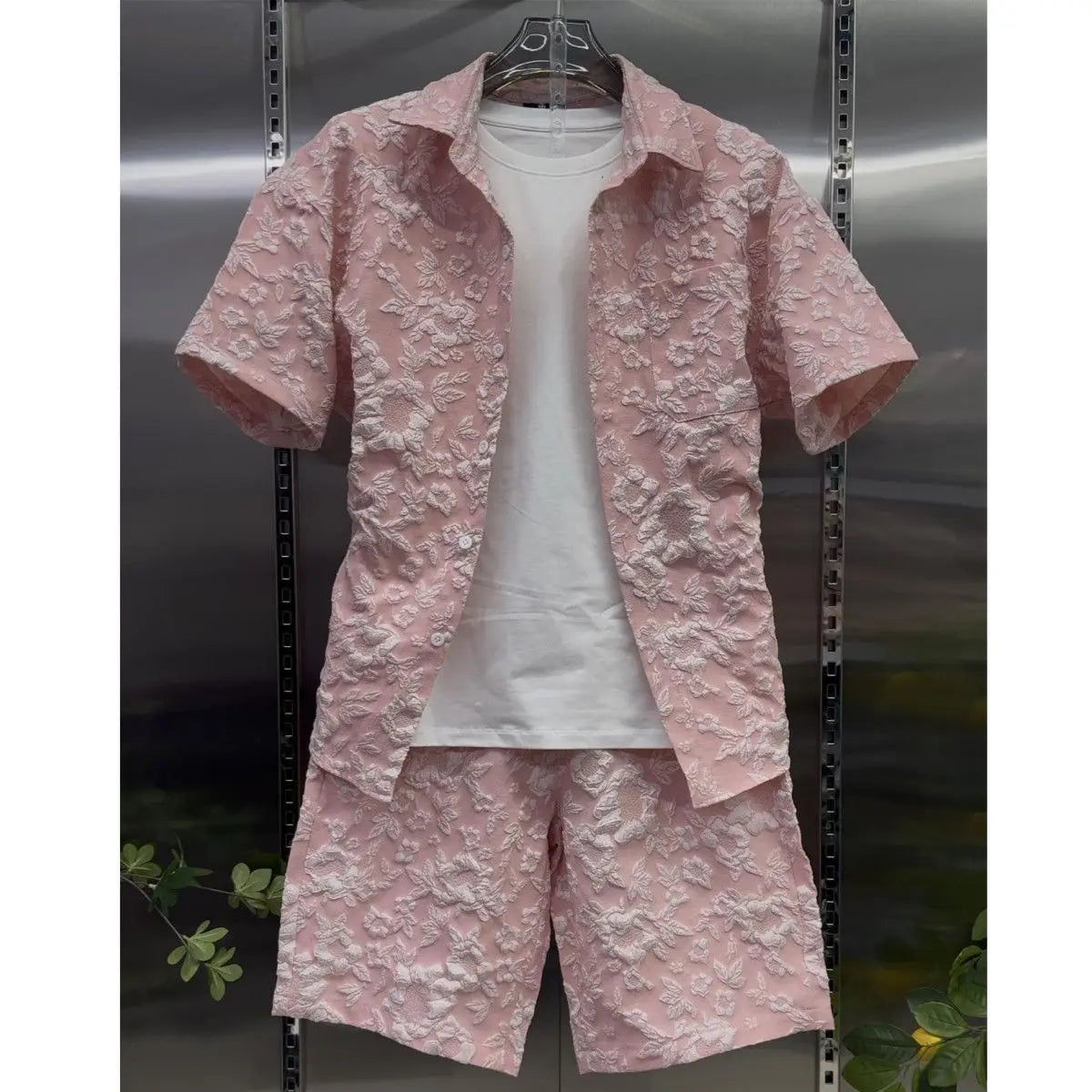 2026 New Summer Fashion Men's Casual Set Embossed Jacquard Lapel Short Sleeve Shirt Shorts 2 Piece Outfit Lightweight