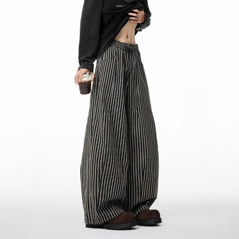 UNITIM Man Wide Leg Pant Vintage Thin Breathable Striped Men Trousers Streetwear Loose Drawstring Casual Versatile Male Pant