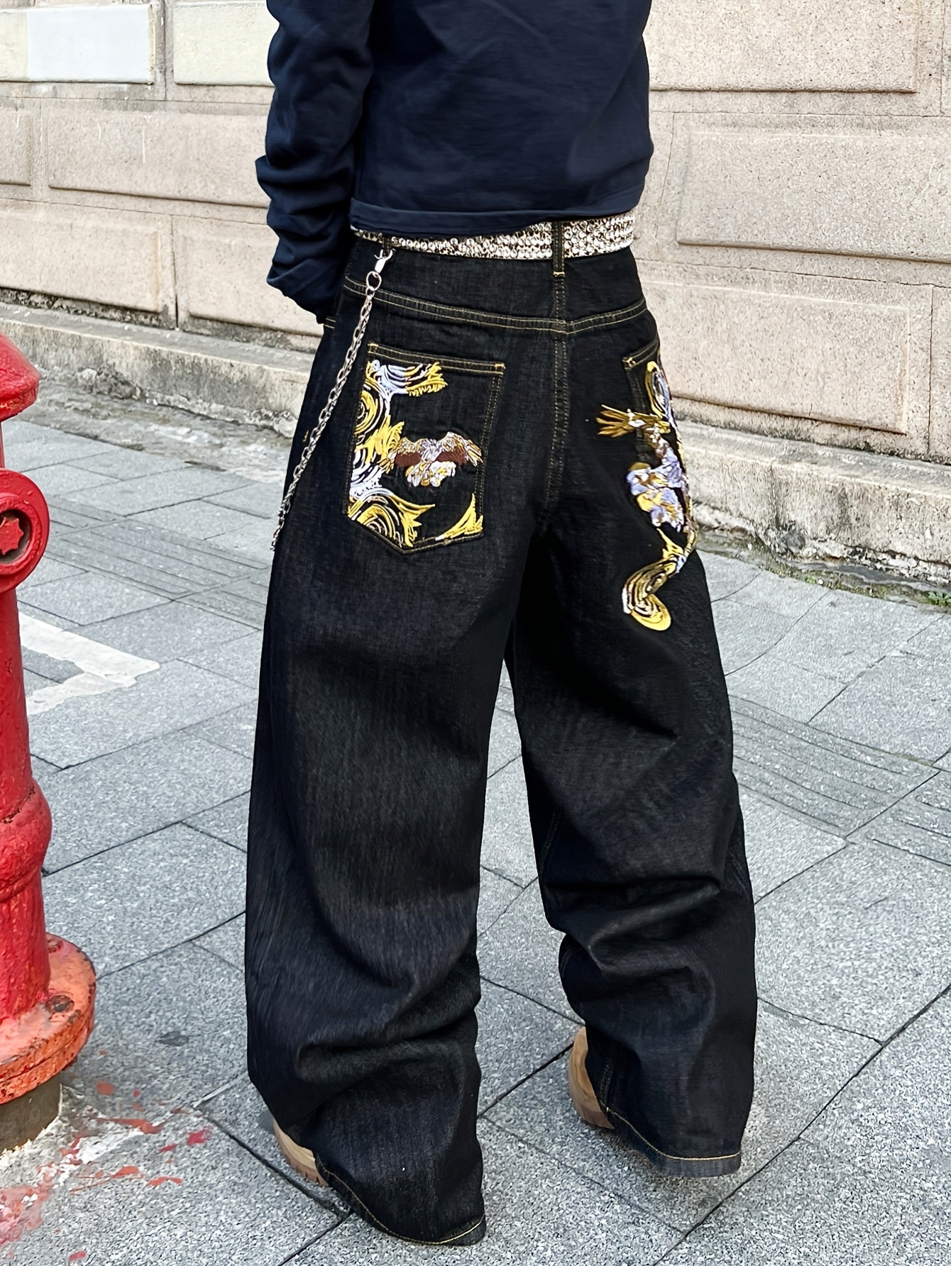 1pc American Vintage Heavy-Duty Golden Embroidered Loose Denim Jeans | Street Hip-Hop Fashion, Non-Stretch Fabric, Regular Length, All-Season, Pocket Details, Belt Not Included