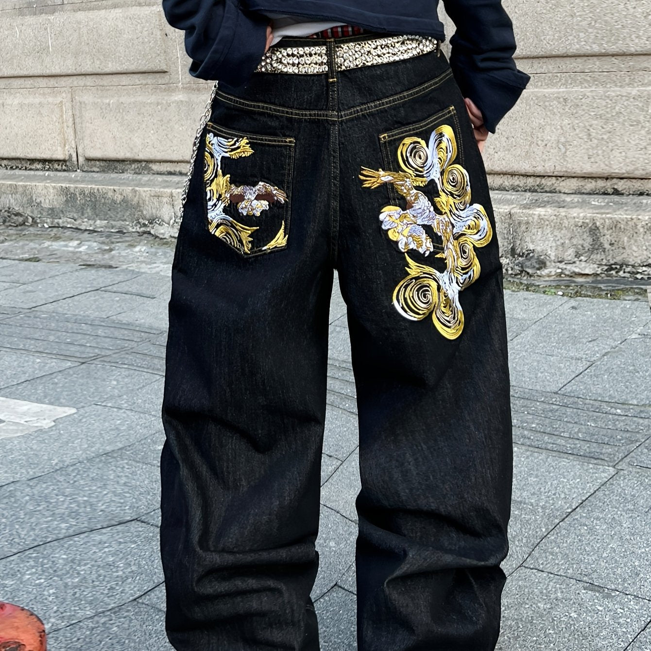 1pc American Vintage Heavy-Duty Golden Embroidered Loose Denim Jeans | Street Hip-Hop Fashion, Non-Stretch Fabric, Regular Length, All-Season, Pocket Details, Belt Not Included