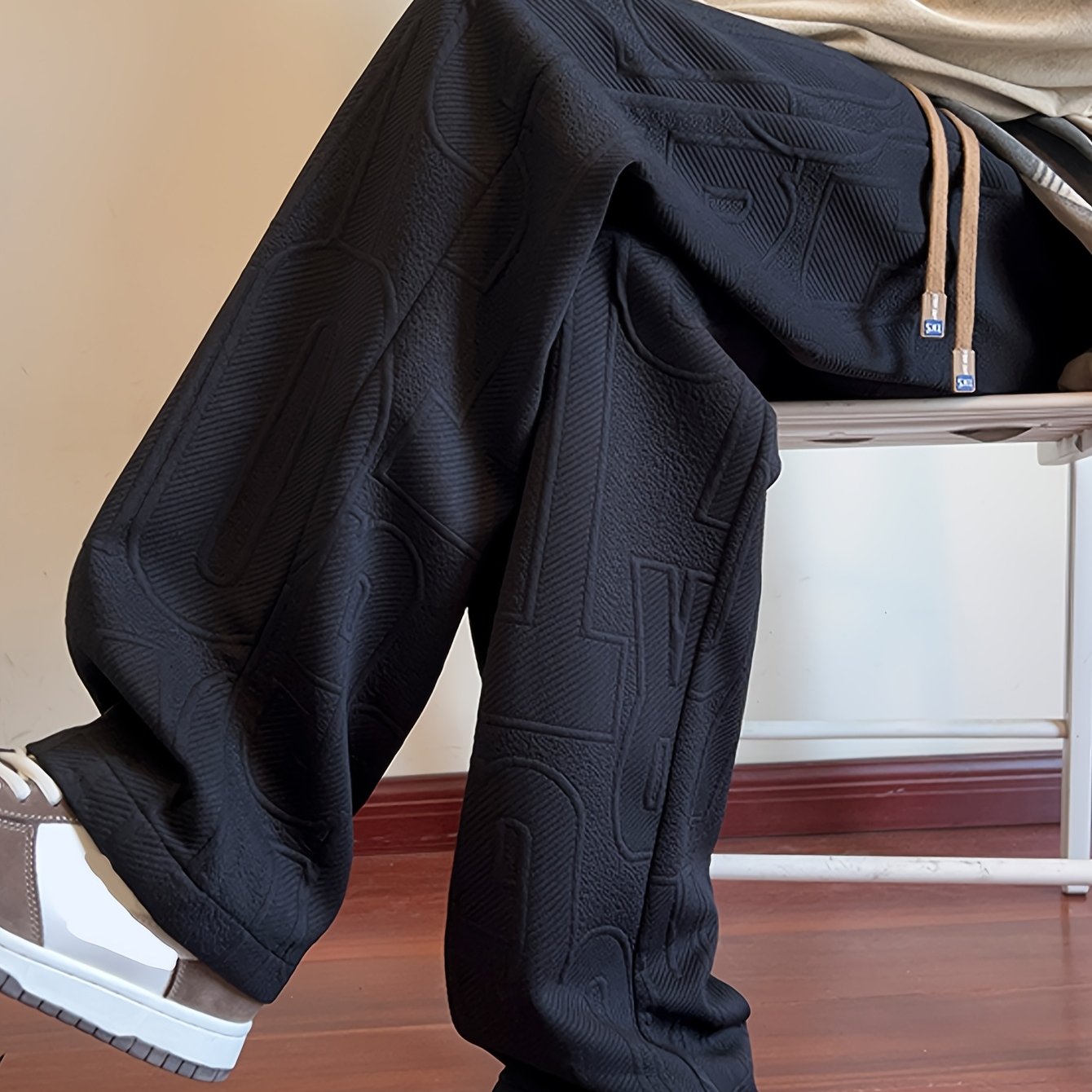 Men'S Autumn Straight-Leg Pants, All-Over Jacquard Fabric, Elastic Waistband with Drawstring, Suitable for Spring And Autumn Outdoor Casual Pants