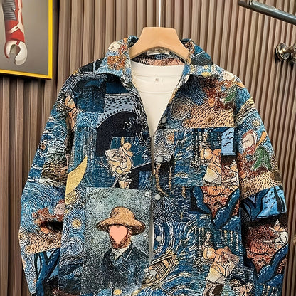 Woven Jacquard Vintage Men'S American Style Van Gogh Oil Painting Long Sleeve Shirt for Art Students