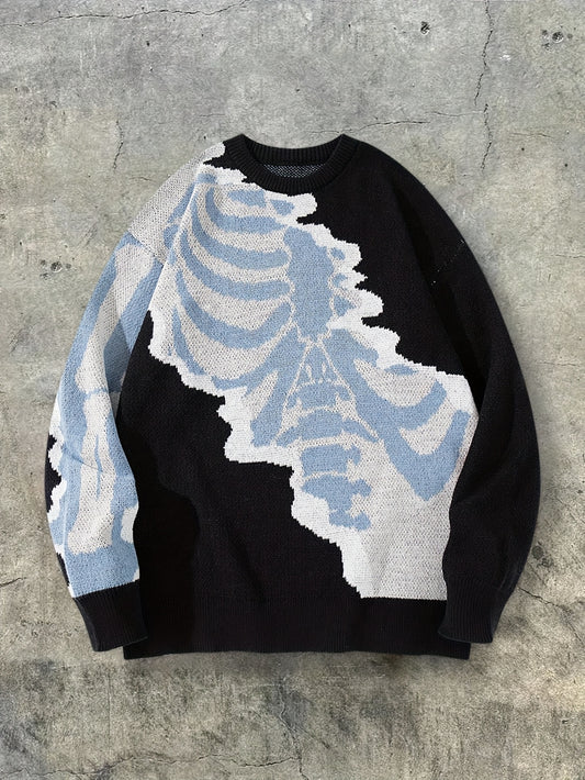 New Spring, Autumn, and Winter Style Unisex Casual Commuter American Trendy Fun Cartoon Skull Pattern Jacquard Knit Sleeveless Crew Neck Pullover Sweater Top Fabricknitted Clothing