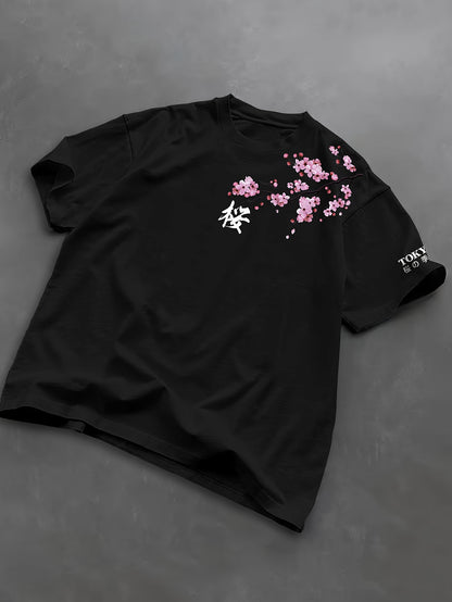 Cherry Blossoms, Japanese Elements, Men'S Fashion Print Street Casual Short-Sleeve T-Shirt, Comfortable Round-Neck Top for Spring And Summer