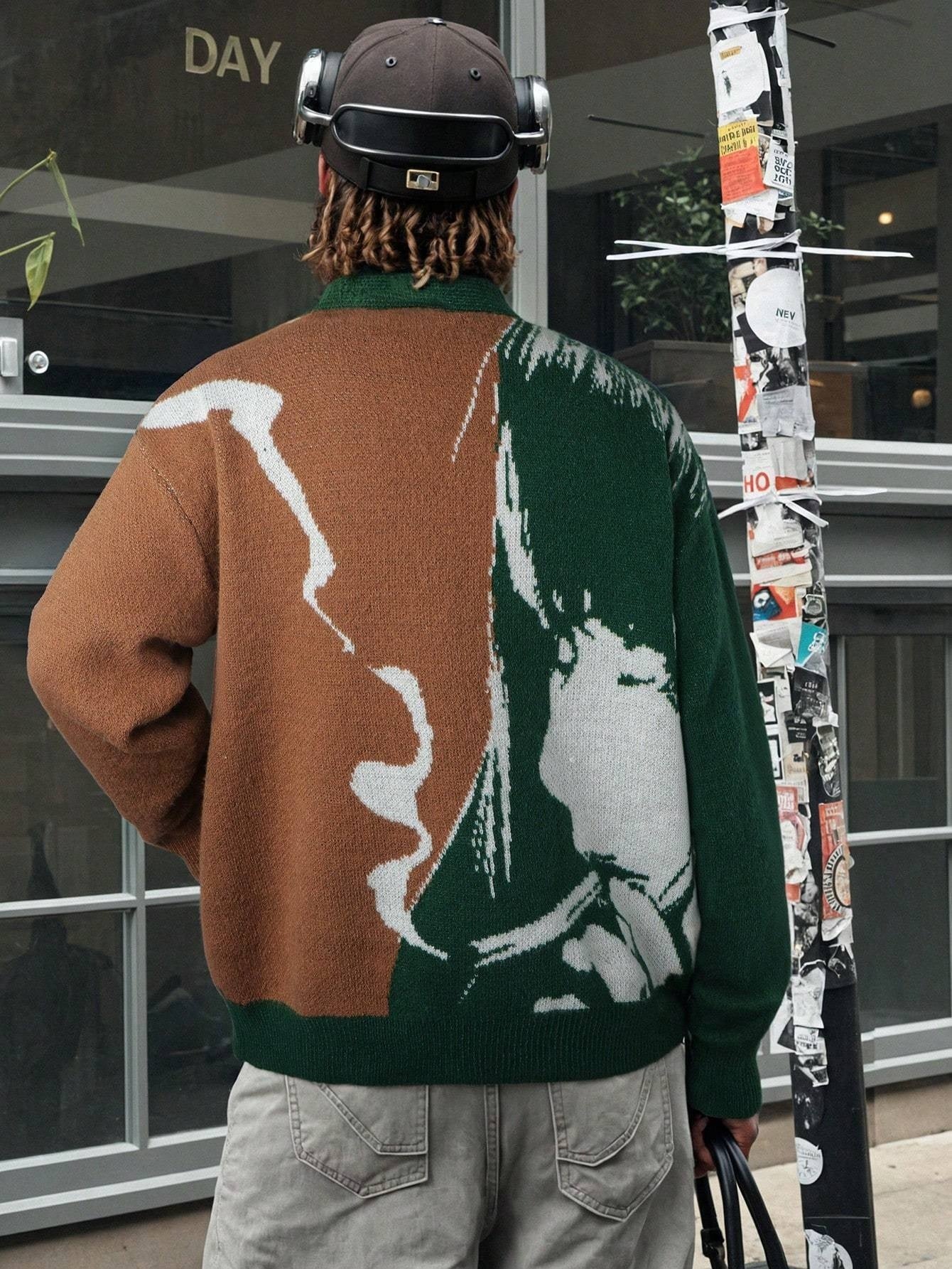 Men'S Street Fashion NEW YORK Cartoon Character Pattern Cardigan Neutral Casual Loose Long Sleeve V-Neck Button Long Sleeve Outerwear for Spring, Autumn And Winter