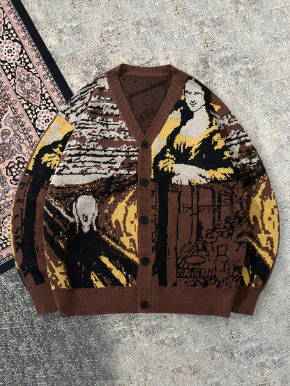 Men'S Vintage Oil Painting Mona Lisa Pattern Casual Loose Knit Cardigan | V-neck, Long Sleeve, Fall/Winter, ANDREILEE