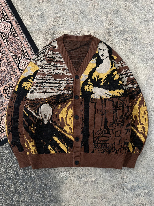 Men'S Vintage Oil Painting Mona Lisa Pattern Casual Loose Knit Cardigan | V-neck, Long Sleeve, Fall/Winter, ANDREILEE