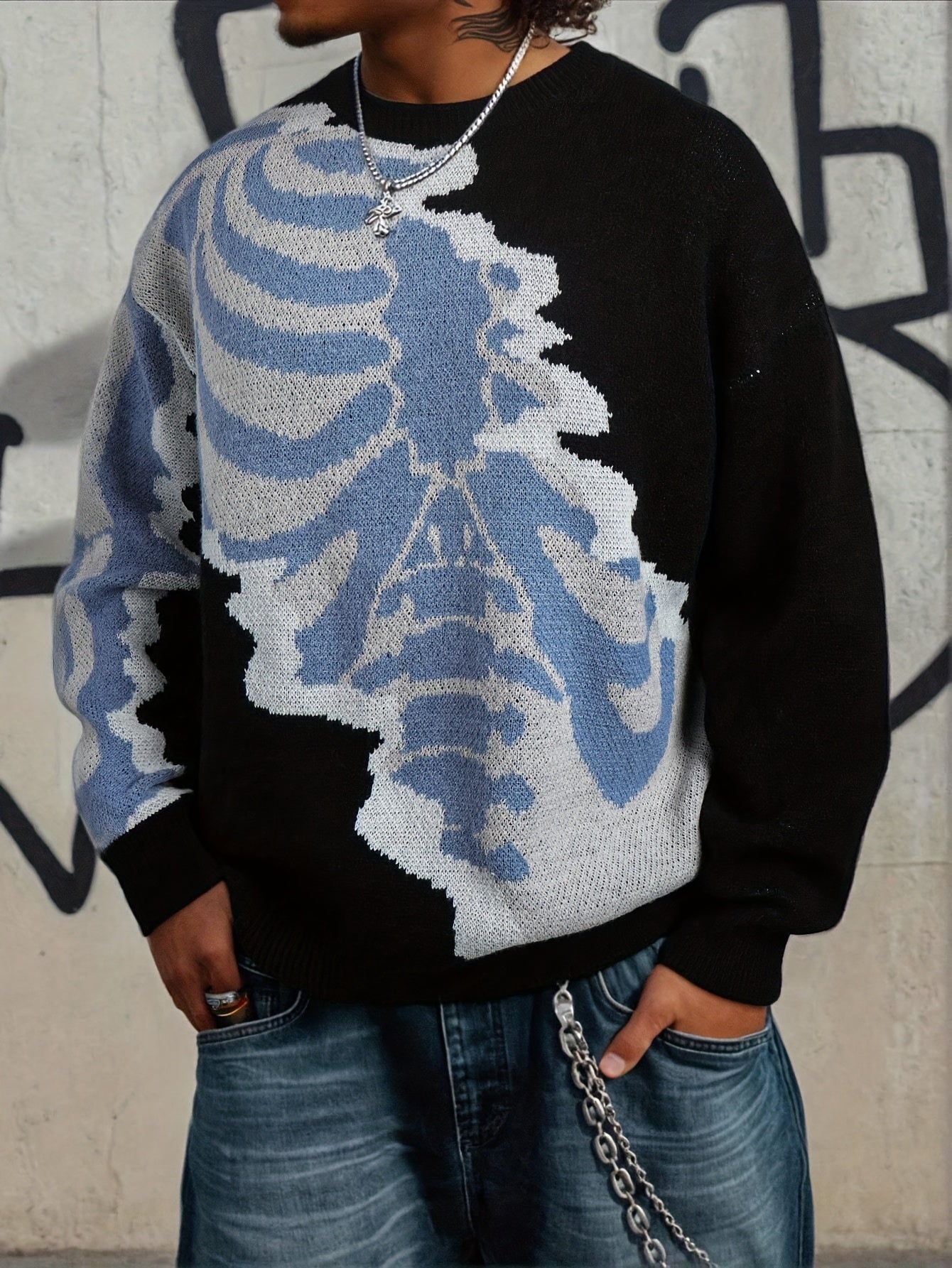 New Spring, Autumn, and Winter Style Unisex Casual Commuter American Trendy Fun Cartoon Skull Pattern Jacquard Knit Sleeveless Crew Neck Pullover Sweater Top Fabricknitted Clothing