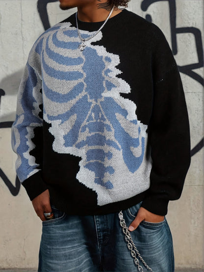 New Spring, Autumn, and Winter Style Unisex Casual Commuter American Trendy Fun Cartoon Skull Pattern Jacquard Knit Sleeveless Crew Neck Pullover Sweater Top Fabricknitted Clothing