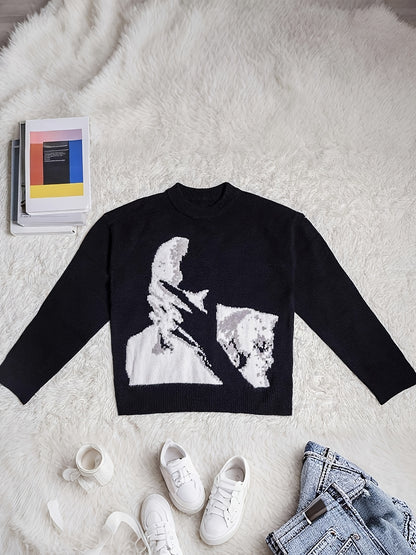 Women'S Halloween & Christmas Sweater - Black & White Face Graphic Pullover, Soft Everyday Sweater for Halloween Party Outfits, Christmas Gifts - Year-Round Casual Chic Sweater for Women, Holiday Sweater, Festive Attire, Geom