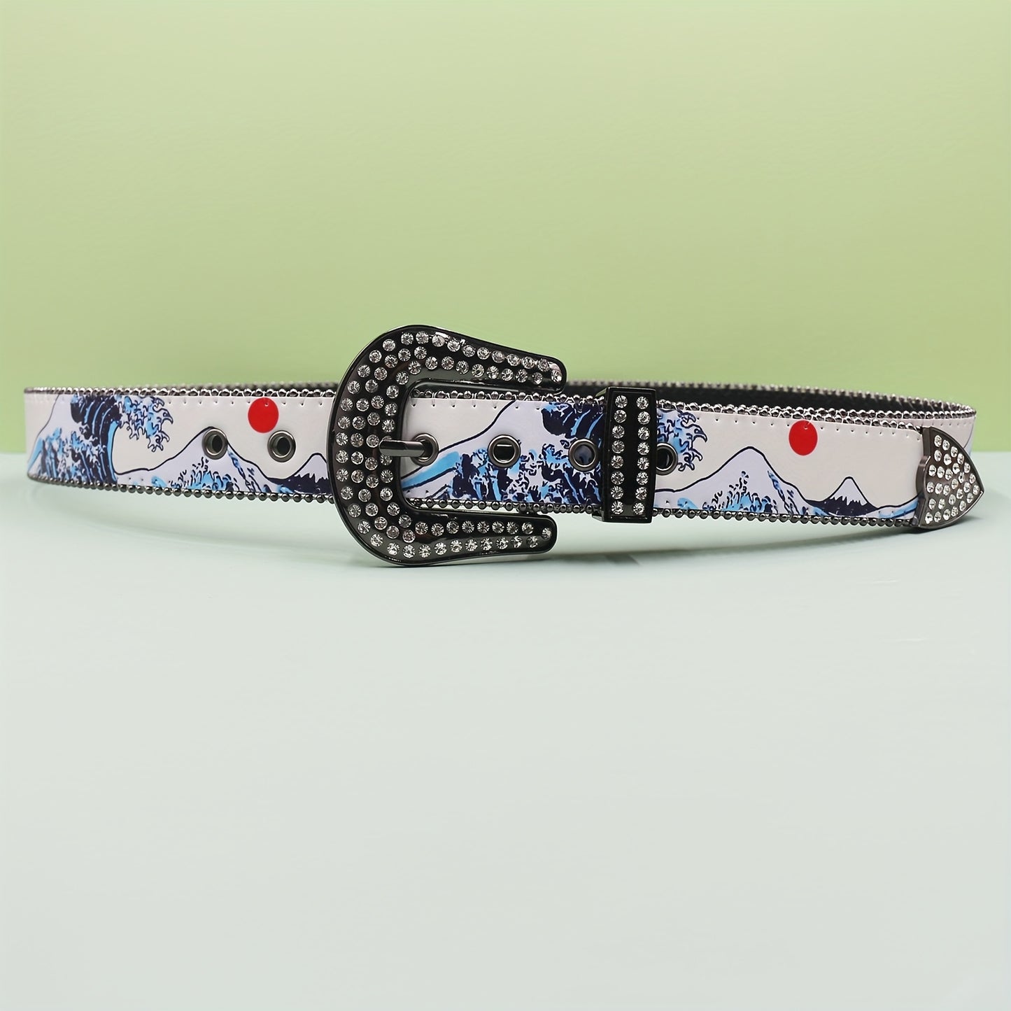 Y2K Y2Kinspired Rhinestone White Belt with Mountain Landscape Design - Western Style Alloy Buckle, Faux Leather Panel, Unisex Fashion Accessory for Jeans and Outfits, Casual Wear Belt|Y2K Fashion Belt|Rhinestone Embellishment