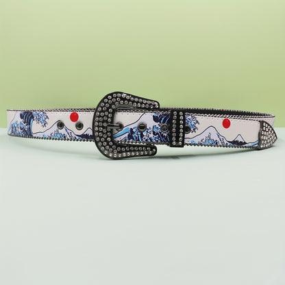 Y2K Y2Kinspired Rhinestone White Belt with Mountain Landscape Design - Western Style Alloy Buckle, Faux Leather Panel, Unisex Fashion Accessory for Jeans and Outfits, Casual Wear Belt|Y2K Fashion Belt|Rhinestone Embellishment