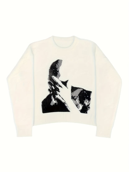 Women'S Halloween & Christmas Sweater - Black & White Face Graphic Pullover, Soft Everyday Sweater for Halloween Party Outfits, Christmas Gifts - Year-Round Casual Chic Sweater for Women, Holiday Sweater, Festive Attire, Geom