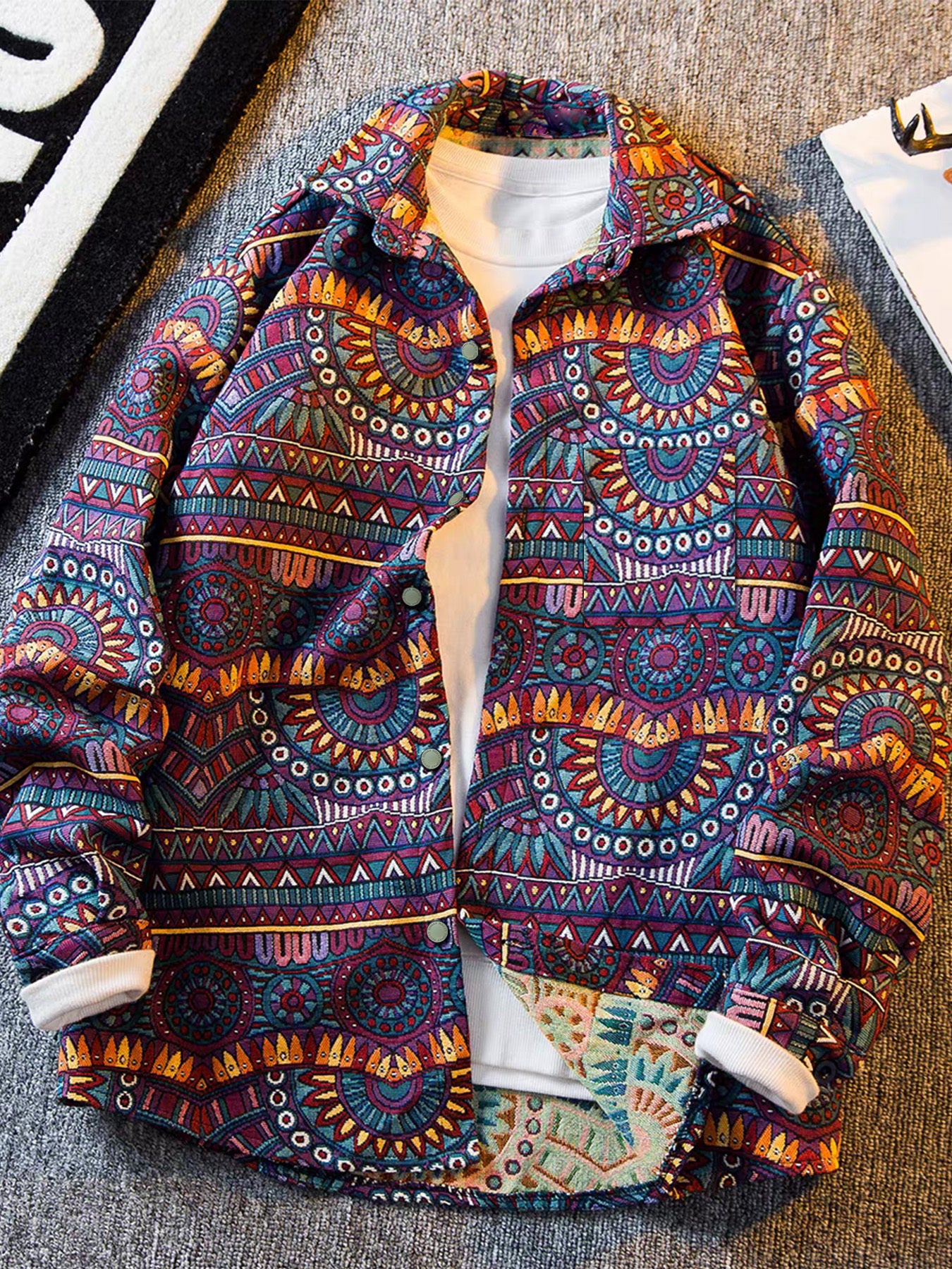 Men'S Vintage American Style Woven Bear Shirt Jacket, High-End Trendy Casual Shirt for Autumn