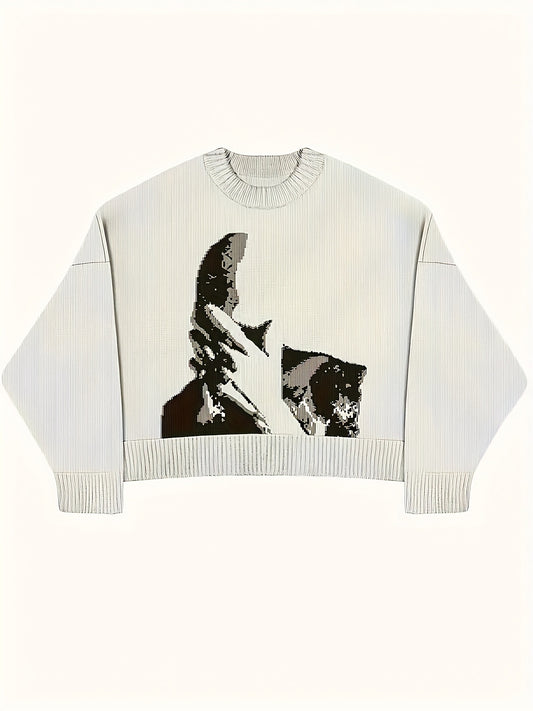 Women'S Halloween & Christmas Sweater - Black & White Face Graphic Pullover, Soft Everyday Sweater for Halloween Party Outfits, Christmas Gifts - Year-Round Casual Chic Sweater for Women, Holiday Sweater, Festive Attire, Geom
