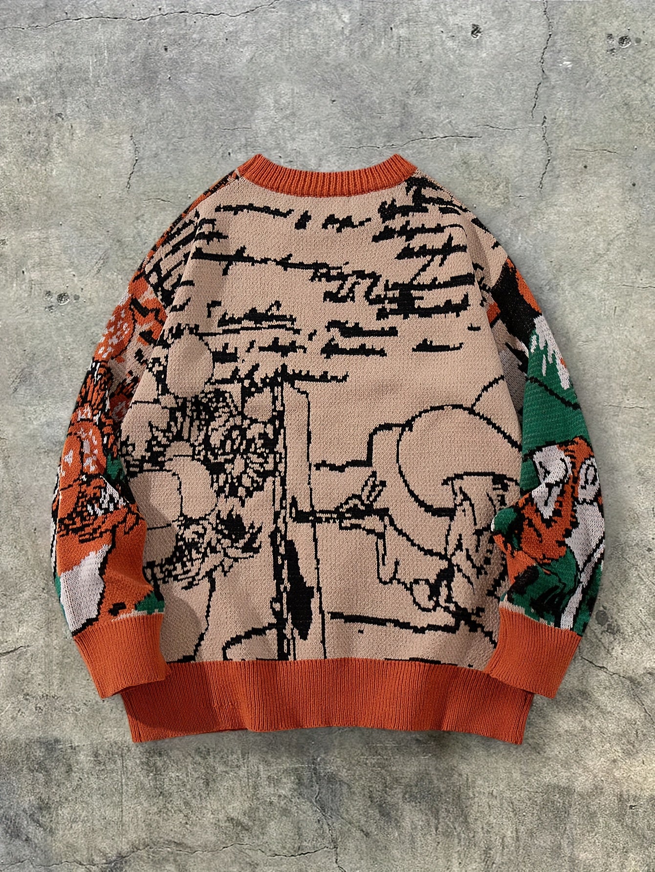 Men'S & Women'S Casual Loose-Fit Long Sleeve Pullover Sweater - Vibrant Orange, Green, & Geometric Pattern, Round Neck, Ribbed Cuffs, Perfect for Spring/Fall, Versatile for Casual Attire, Spring Fall Apparel | Vibrant Pattern
