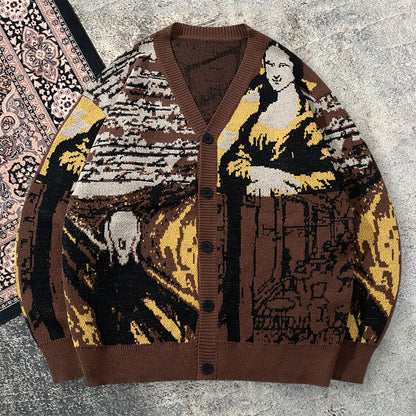 Men'S Vintage Oil Painting Mona Lisa Pattern Casual Loose Knit Cardigan | V-neck, Long Sleeve, Fall/Winter, ANDREILEE
