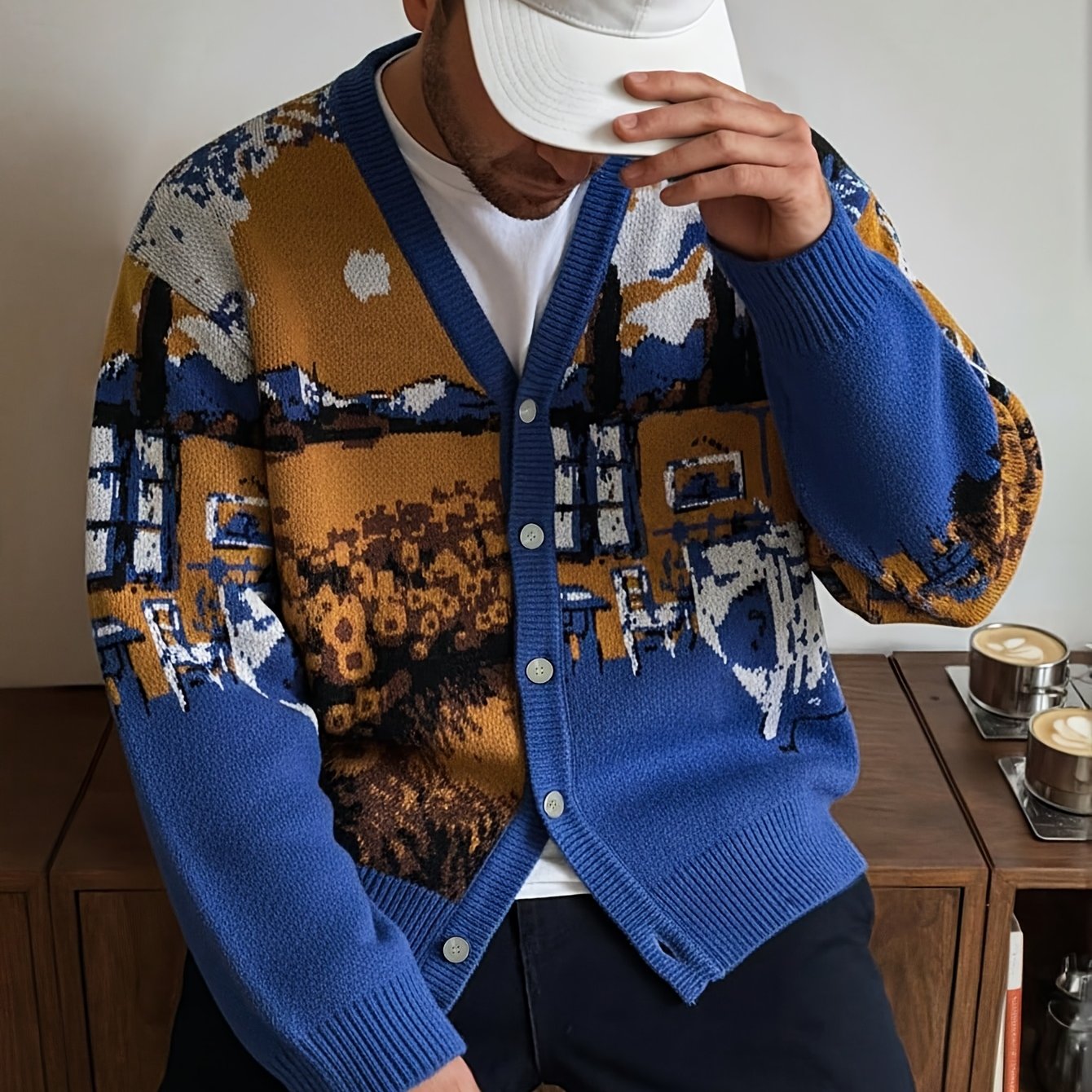Casual Loose Knit V-Neck Cardigan | Sunflower and House Pattern, Oil Painting Style, Button Details, Long Sleeve, Fall/Winter Collection by ANDREILEE