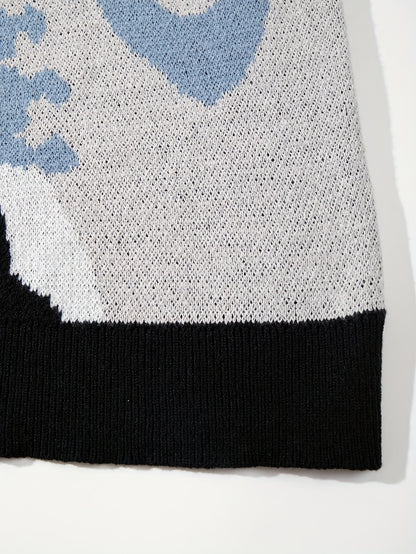 New Spring, Autumn, and Winter Style Unisex Casual Commuter American Trendy Fun Cartoon Skull Pattern Jacquard Knit Sleeveless Crew Neck Pullover Sweater Top Fabricknitted Clothing