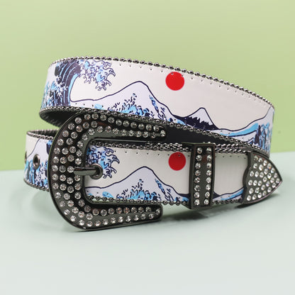 Y2K Y2Kinspired Rhinestone White Belt with Mountain Landscape Design - Western Style Alloy Buckle, Faux Leather Panel, Unisex Fashion Accessory for Jeans and Outfits, Casual Wear Belt|Y2K Fashion Belt|Rhinestone Embellishment