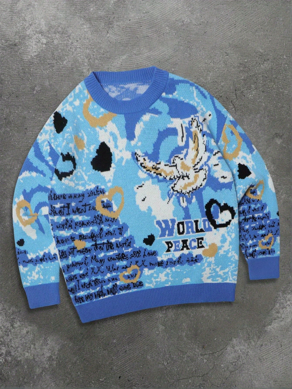 Pull unisexe à manches longues et col rond, style peinture à l'huile, imprimé lettres, cœurs et aigles, collection printemps-automne-hiver. Coupe ample et décontractée.