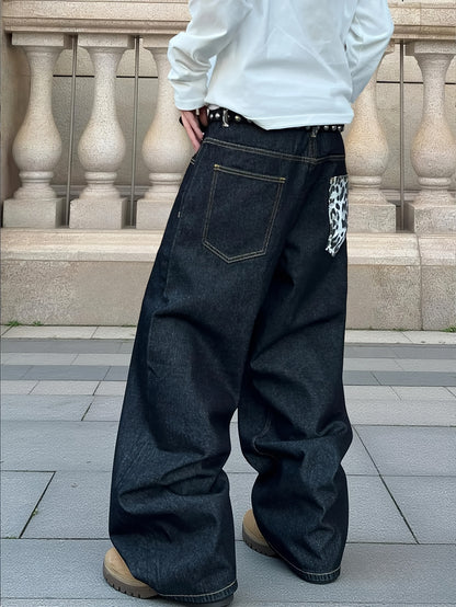 1pc Men' Vintage Wide- Black Pants with Leopard Print - Loose Fit Streetwear Style, Full-Length Pocket Jeans Suitable for - Wear (No Belt/Hanger Included)