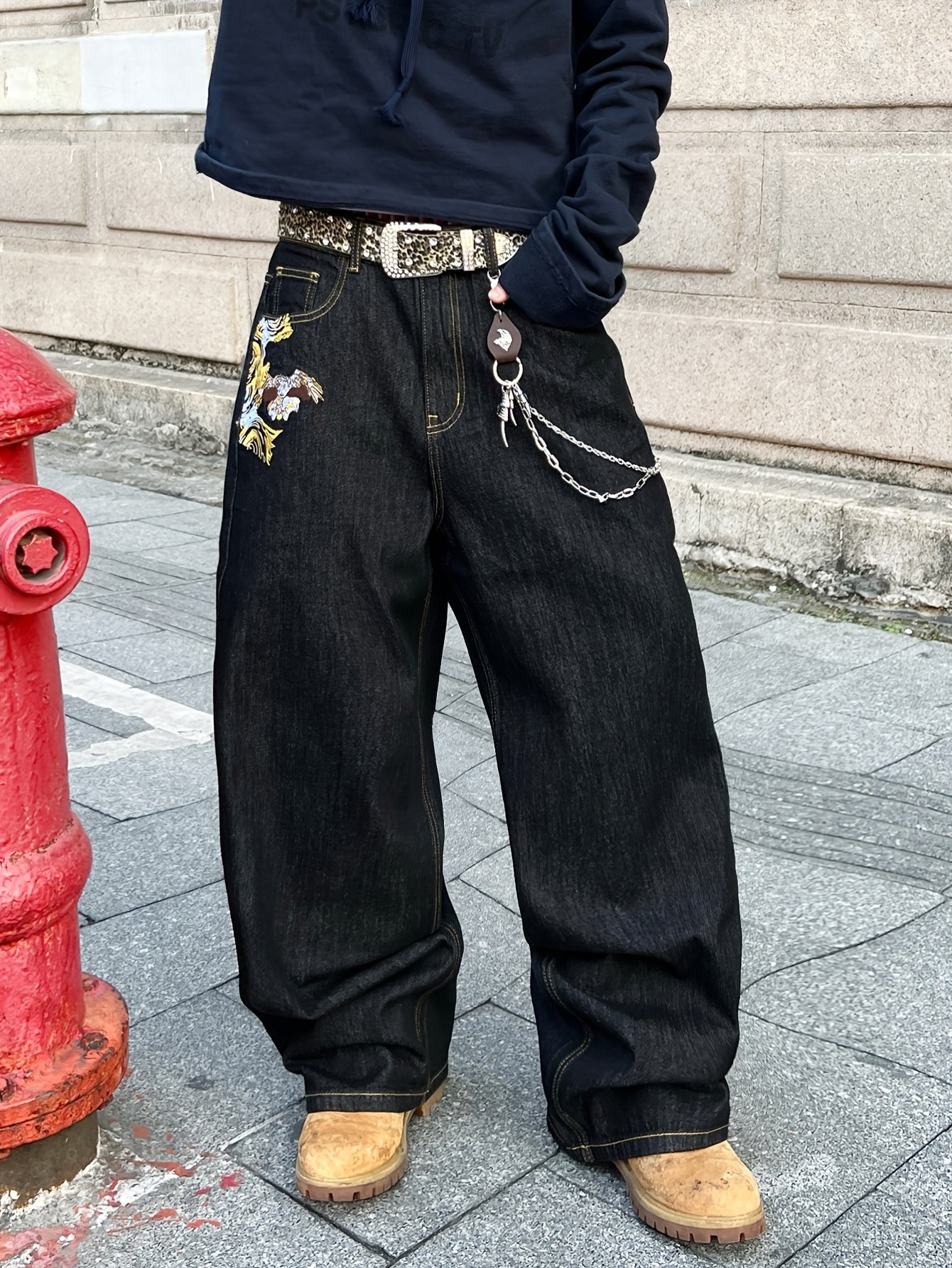 1pc American Vintage Heavy-Duty Golden Embroidered Loose Denim Jeans | Street Hip-Hop Fashion, Non-Stretch Fabric, Regular Length, All-Season, Pocket Details, Belt Not Included