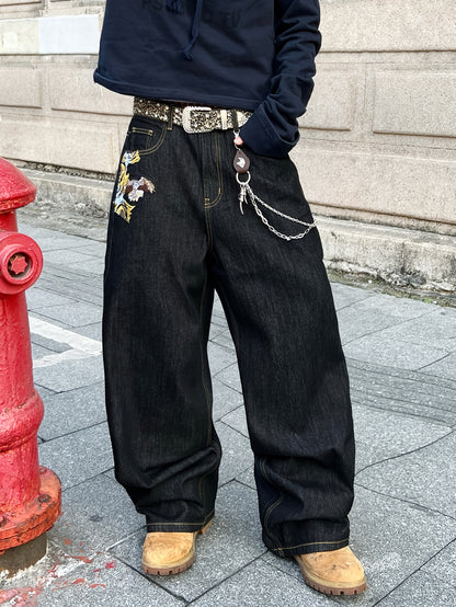 1pc American Vintage Heavy-Duty Golden Embroidered Loose Denim Jeans | Street Hip-Hop Fashion, Non-Stretch Fabric, Regular Length, All-Season, Pocket Details, Belt Not Included