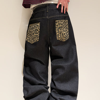 American Retro Style Leopard Print Cuffed Loose Denim Pants, Trendy Streetwear Black Wide-Leg Trousers for Men (Belt And Additions Not Included)