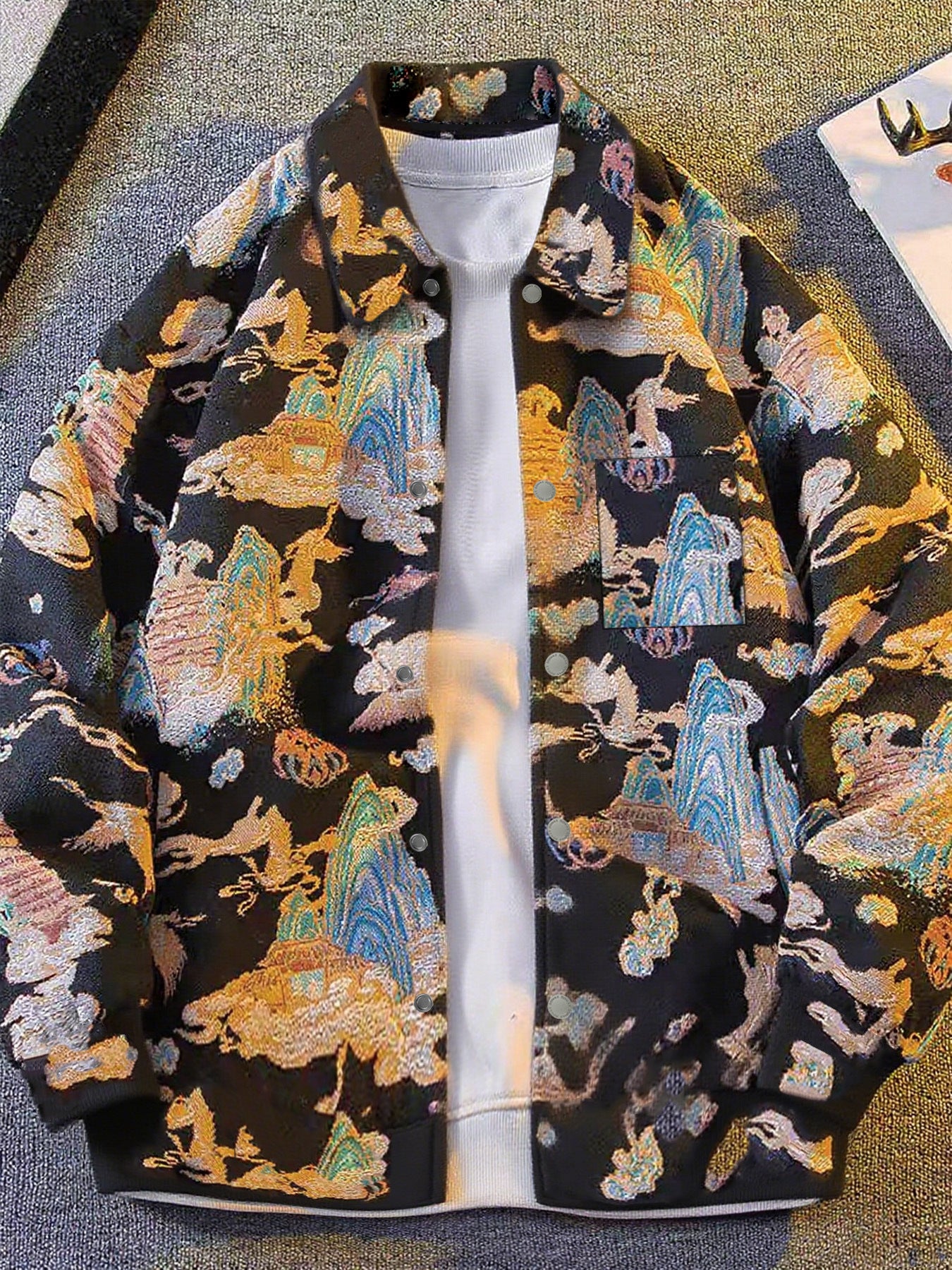 Men'S Vintage American Style Woven Bear Shirt Jacket, High-End Trendy Casual Shirt for Autumn