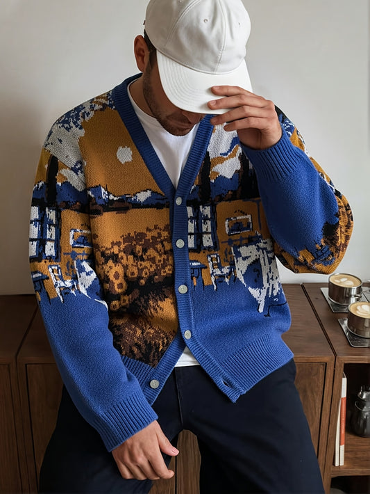 Casual Loose Knit V-Neck Cardigan | Sunflower and House Pattern, Oil Painting Style, Button Details, Long Sleeve, Fall/Winter Collection by ANDREILEE