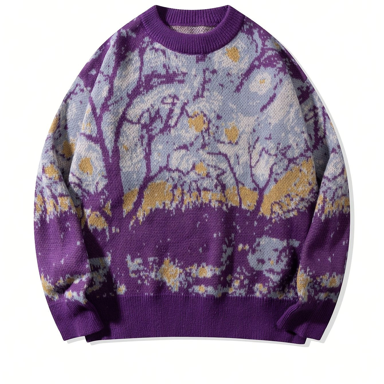 New Spring/Autumn/Winter Men's Casual Loose-Fit Fashionable Irregular Branch Abstract Jacquard Pattern Purple Long-Sleeve Sweater, Unisex Crew Neck Pullover Versatile Knit Top