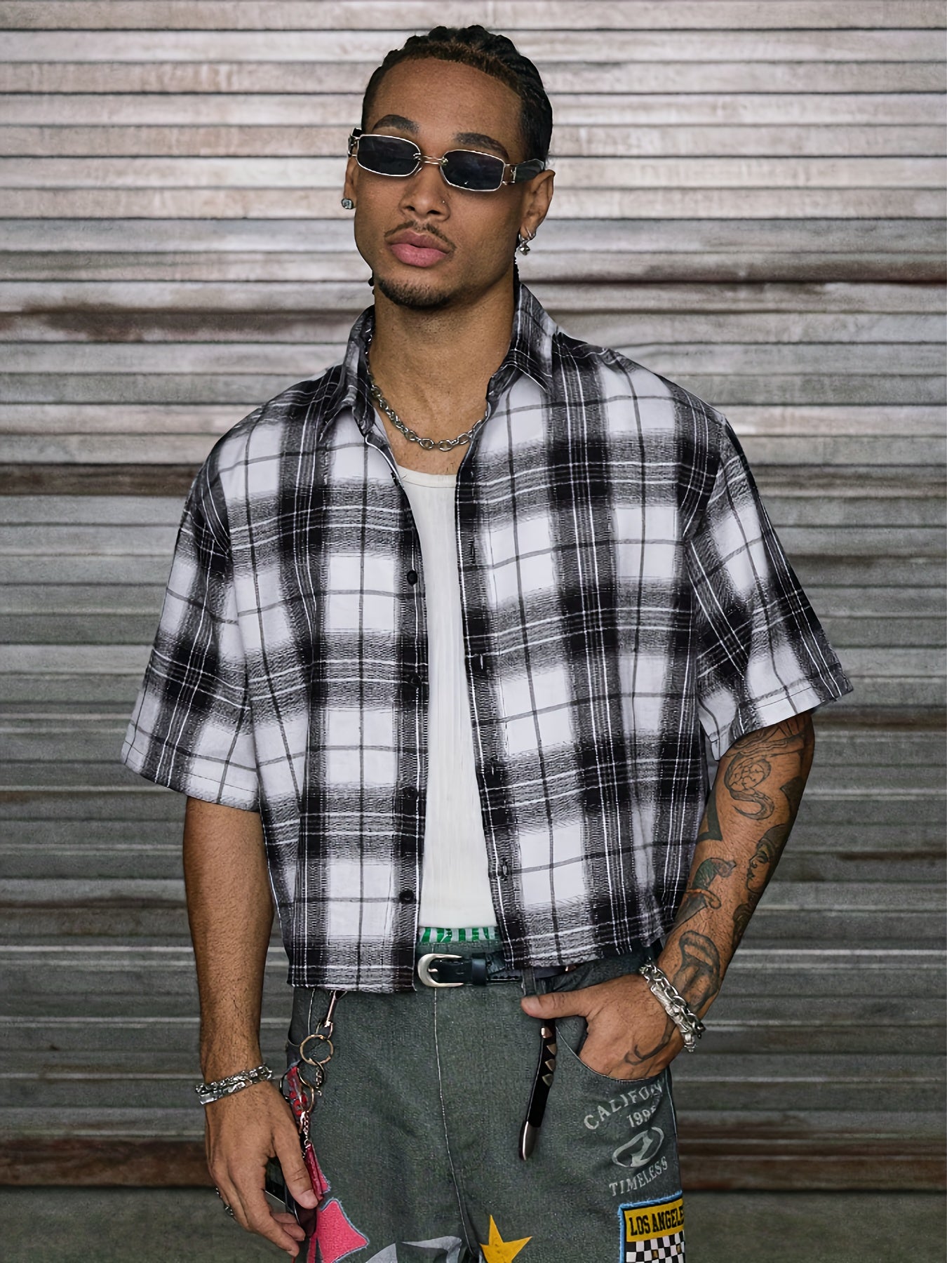 Men's Multi-Size Loose Fit Lapel Short Sleeve Printed Patchwork Casual Shirt