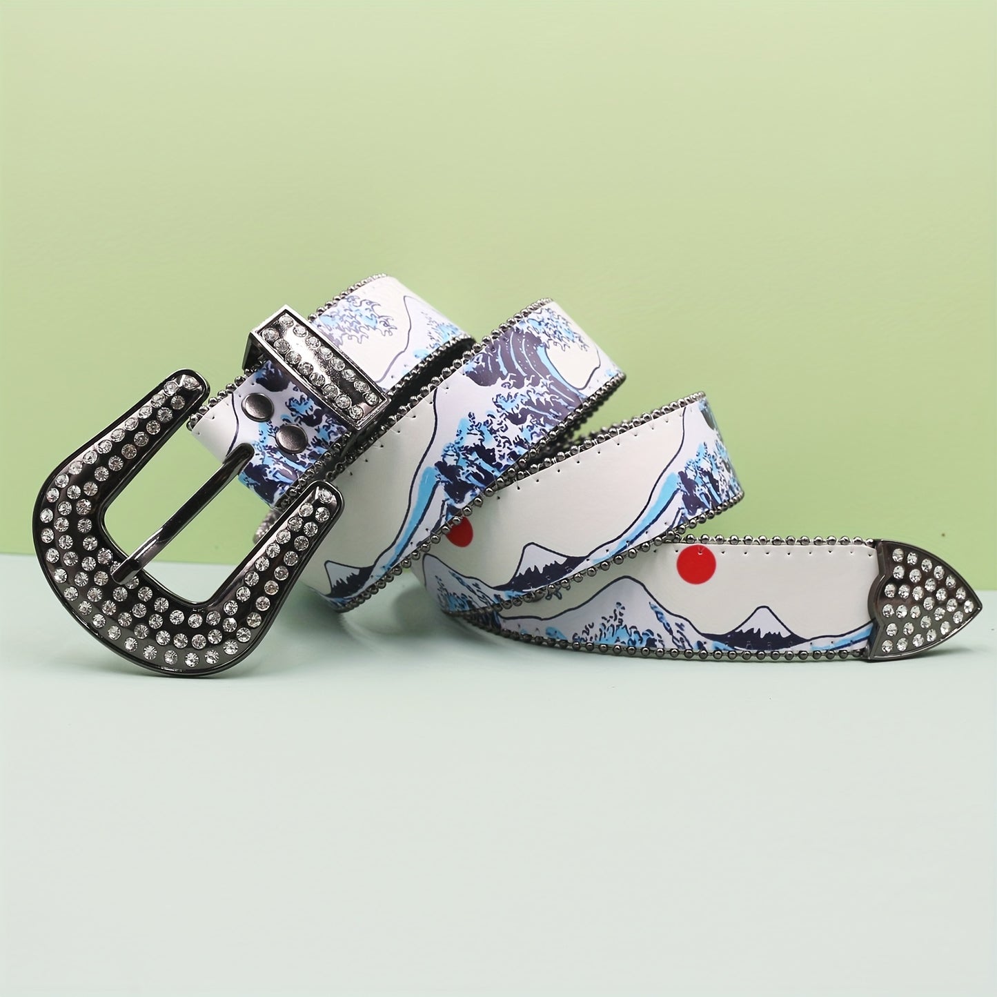 Y2K Y2Kinspired Rhinestone White Belt with Mountain Landscape Design - Western Style Alloy Buckle, Faux Leather Panel, Unisex Fashion Accessory for Jeans and Outfits, Casual Wear Belt|Y2K Fashion Belt|Rhinestone Embellishment