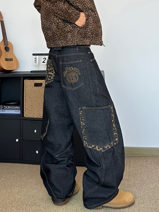 Men'S Embroidered Leopard Print Denim Pants | Loose Fit, Street Style, Embroidered Letters, Large Pockets, Non-Stretch Fabric, All-Season