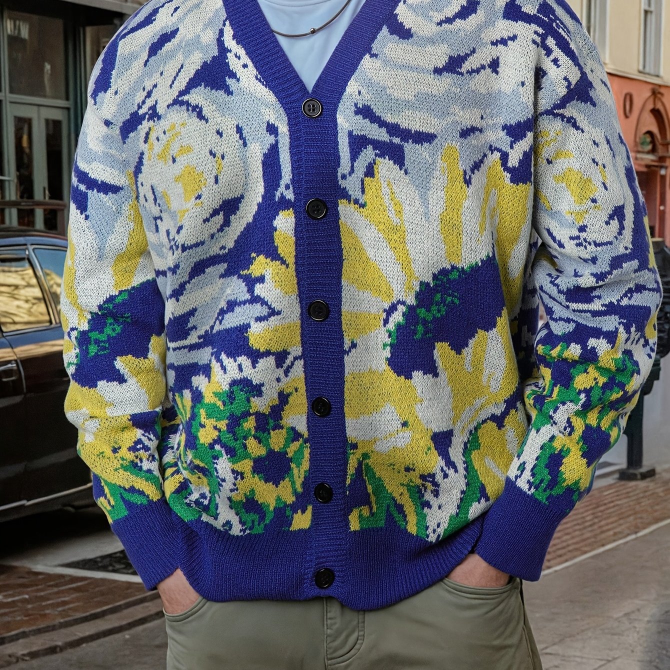 Nova camisola unissexo casual para homem e mulher, ideal para o dia a dia, com um estampado abstrato de pintura a óleo de Van Gogh e um design de casaco de malha de mangas compridas em malha.