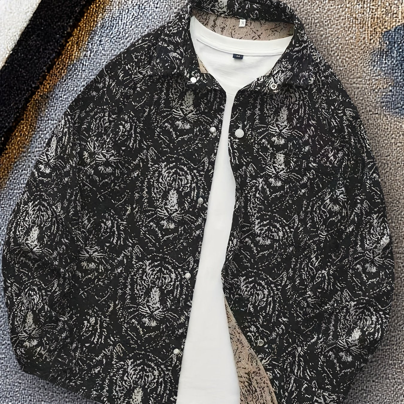 Men'S Vintage American Style Woven Bear Shirt Jacket, High-End Trendy Casual Shirt for Autumn