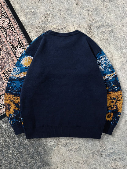 New Autumn And Winter Men'S Casual Loose-Fitting Sweater Featuring a Easy Van Gogh-Inspired Sunflower And Starry Sky Oil Painting Design with a Vintage Knit Long Sleeve And Round Neck