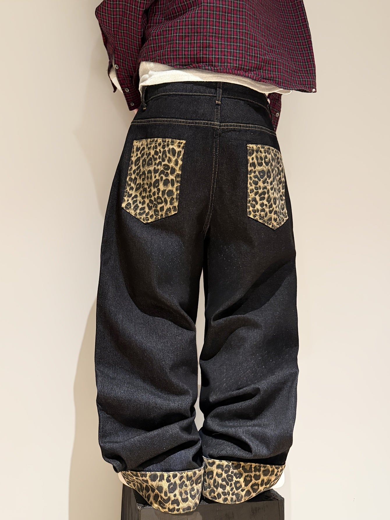 American Retro Style Leopard Print Cuffed Loose Denim Pants, Trendy Streetwear Black Wide-Leg Trousers for Men (Belt And Additions Not Included)
