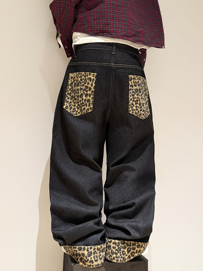 American Retro Style Leopard Print Cuffed Loose Denim Pants, Trendy Streetwear Black Wide-Leg Trousers for Men (Belt And Additions Not Included)