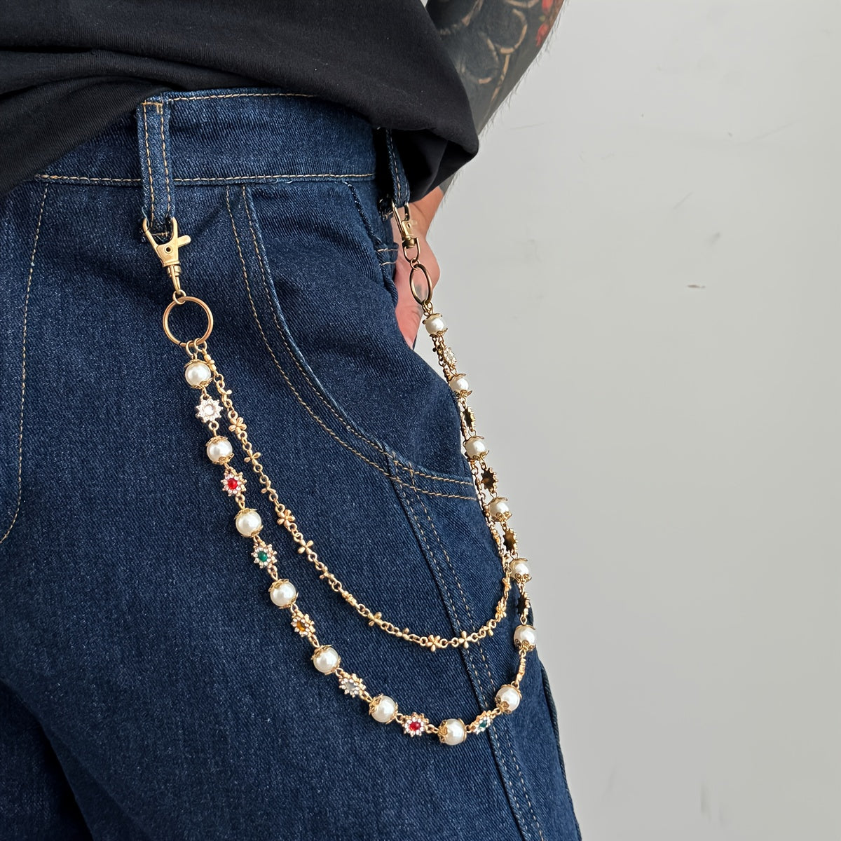1pc Denim Chain Small Flower Chain Hip-Hop Niche Colorful Rhinestones Spliced Waist Chain Pendant Streetwear