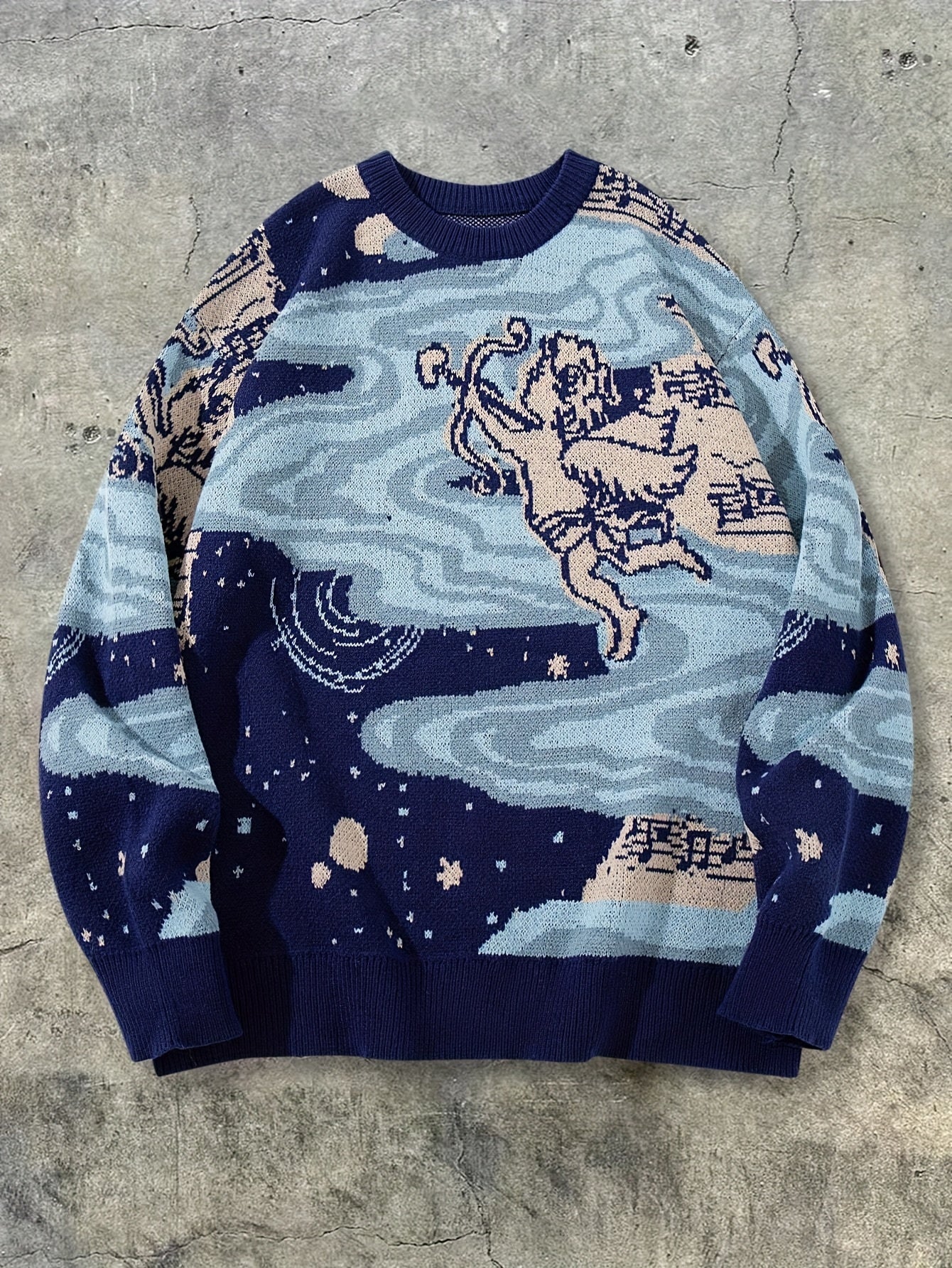 New Autumn And Winter Men'S Easy Casual American Retro Street Style Long-Sleeve Round Neck Pullover Knit Top with Cupid Starry Sky Print