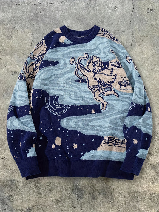 New Autumn And Winter Men'S Easy Casual American Retro Street Style Long-Sleeve Round Neck Pullover Knit Top with Cupid Starry Sky Print