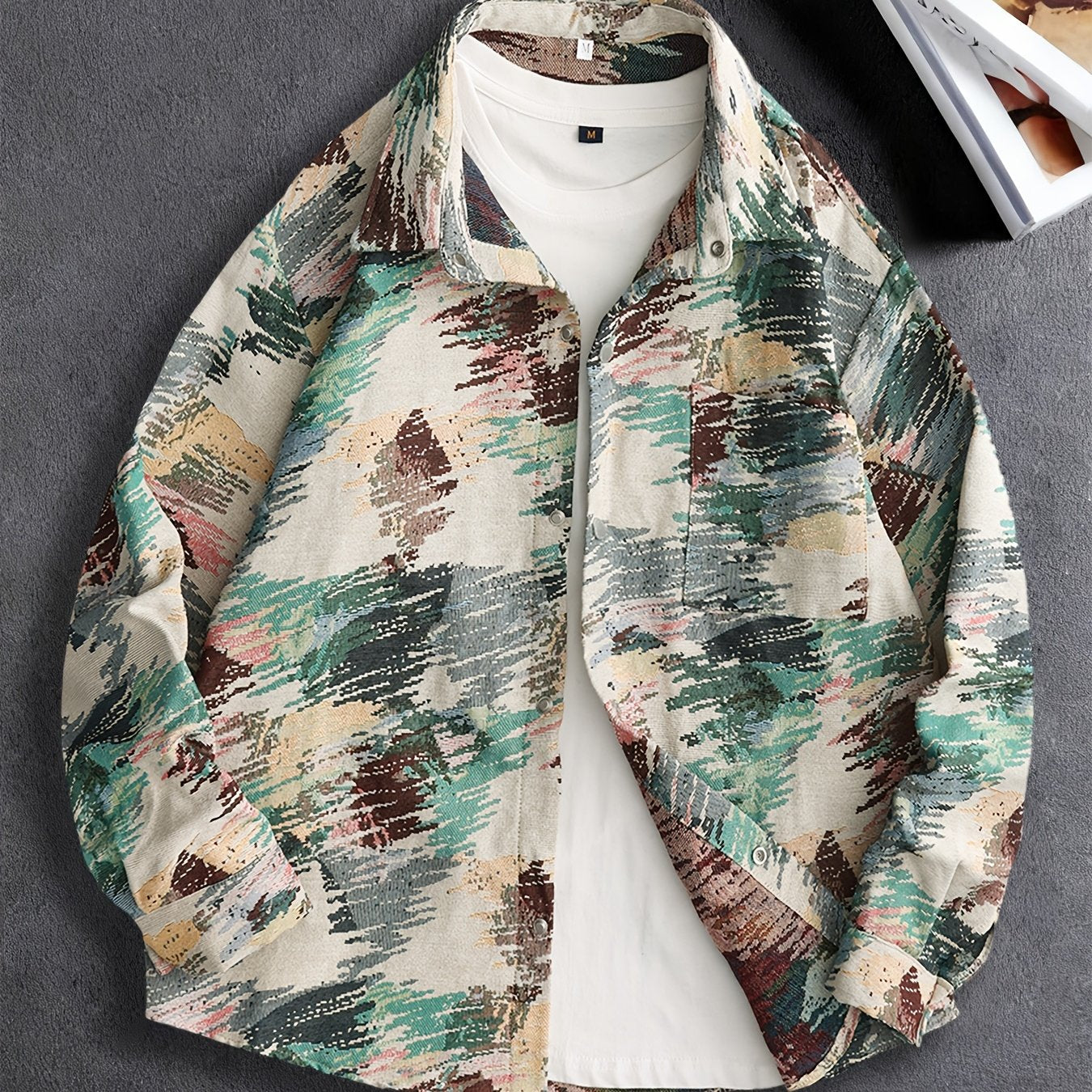 Men'S Vintage American Style Woven Bear Shirt Jacket, High-End Trendy Casual Shirt for Autumn