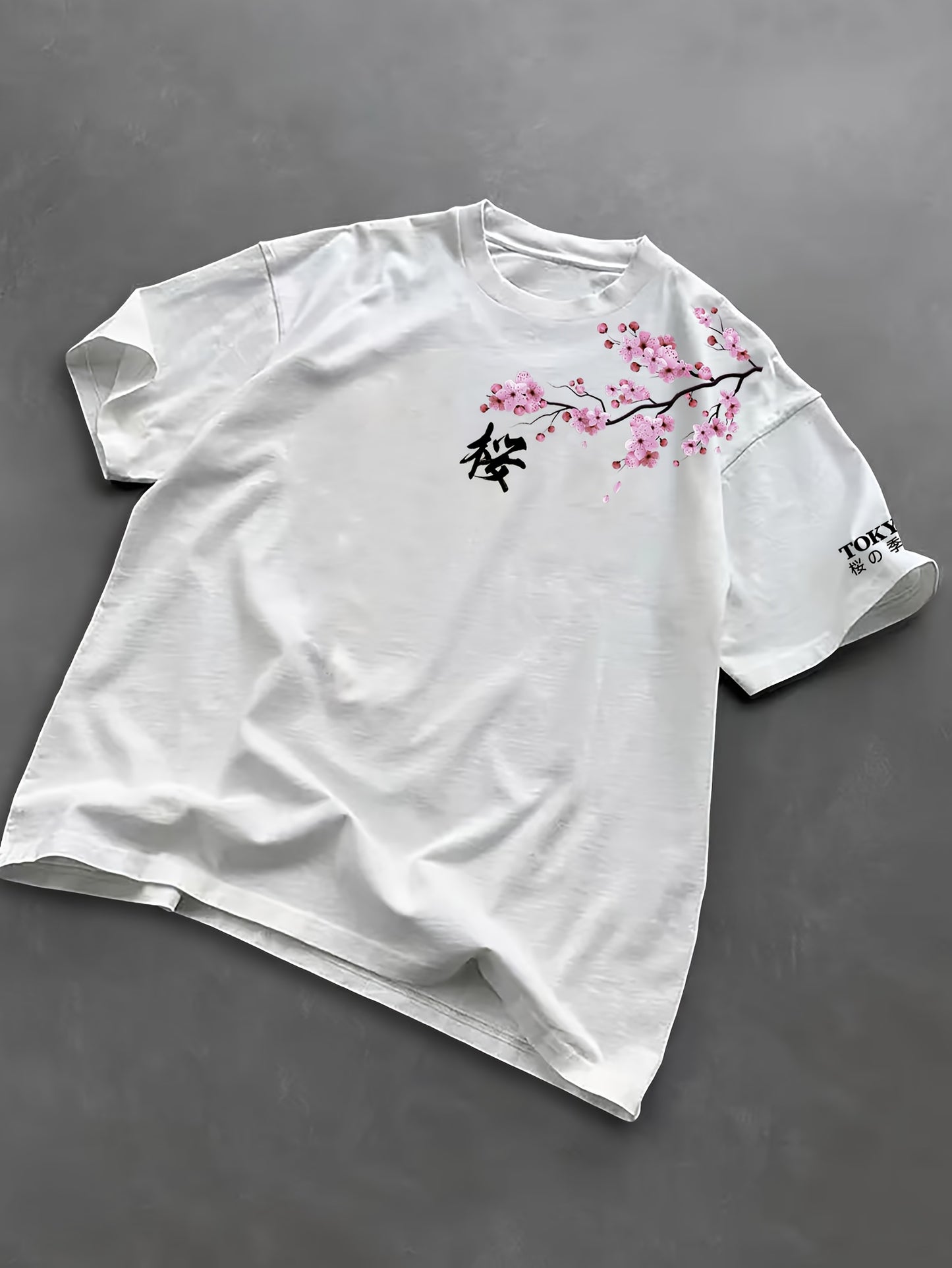 Cherry Blossoms, Japanese Elements, Men'S Fashion Print Street Casual Short-Sleeve T-Shirt, Comfortable Round-Neck Top for Spring And Summer