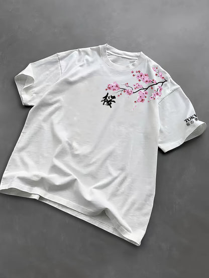 Cherry Blossoms, Japanese Elements, Men'S Fashion Print Street Casual Short-Sleeve T-Shirt, Comfortable Round-Neck Top for Spring And Summer