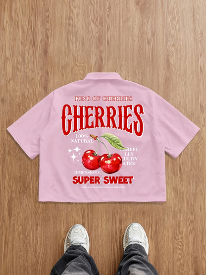 Men'S Short-Sleeve Casual Summer Shirt with Cherry Letter Design on The Back