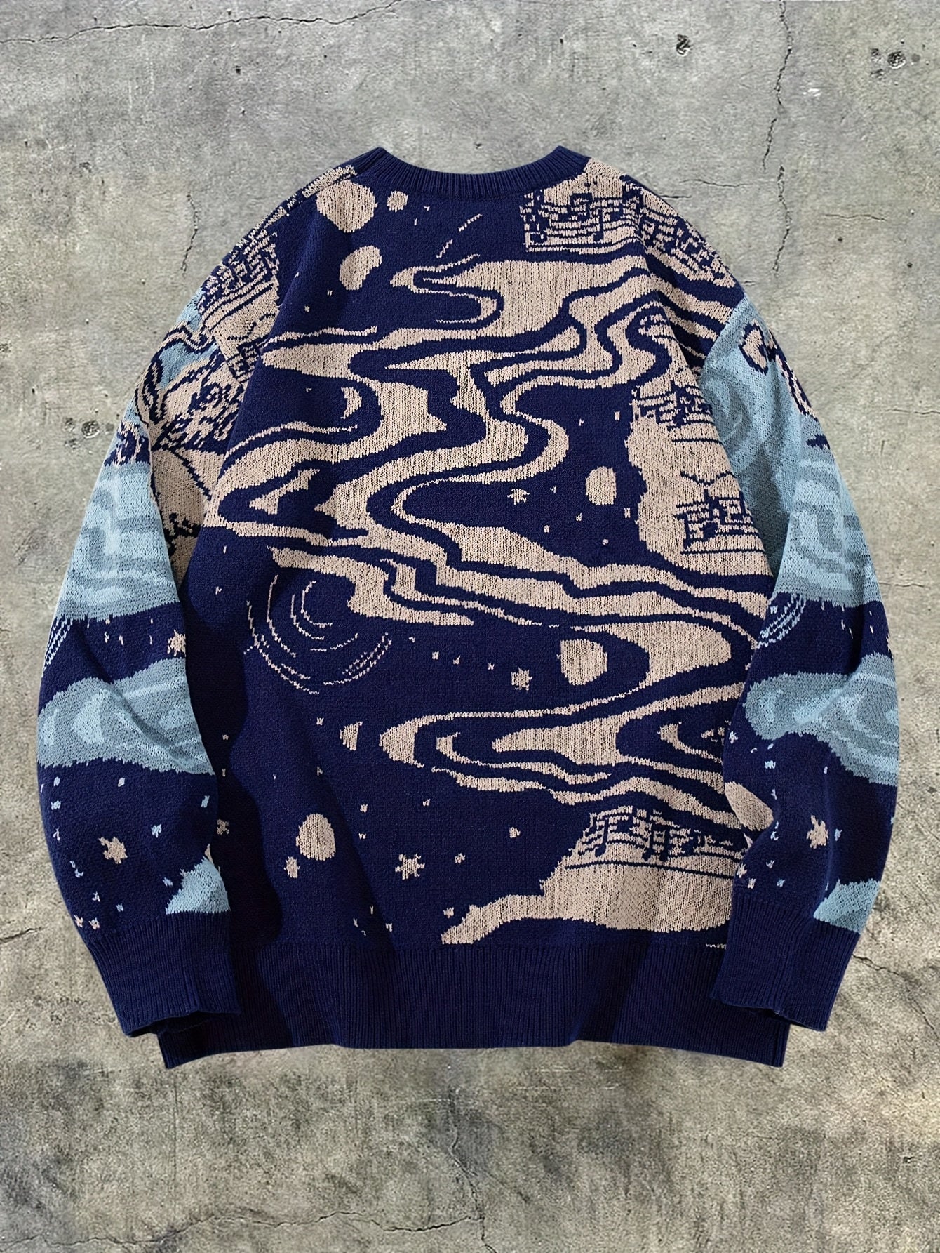 New Autumn And Winter Men'S Easy Casual American Retro Street Style Long-Sleeve Round Neck Pullover Knit Top with Cupid Starry Sky Print